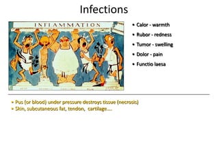 Infections
• Calor - warmth
• Rubor - redness
• Tumor - swelling
• Dolor - pain
• Functio laesa
• Pus (or blood) under pressure destroys tissue (necrosis)
• Skin, subcutaneous fat, tendon, cartilage….
 