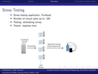 17/22
Introduction Method Simulation Conclusion and Future Work
Stress Testing
Stress testing application: Funkload
Number of virtual users up to: 100
Testing: attempting survey
Tested: response time
Presented by: Fajar Purnama Computer Science and Electrical Engineering, Kumamoto University
International Mobile Learning Festival (IMLF) 2017
 
