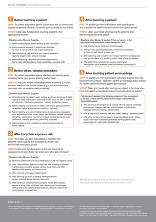 HAND HYGIENE: WHY, HOW & WHEN?
WHO acknowledges the Hôpitaux Universitaires de Genève (HUG), in particular the members
of the Infection Control Programme, for their active participation in developing this material.
All reasonable precautions have been taken by the World Health Organization to verify the
information contained in this document.
However, the published material is being distributed without warranty of any kind, either
expressed or implied. The responsibility for the interpretation and use of the material lies with the
reader. In no event shall the World Health Organization be liable for damages arising from its use.
		 Before touching a patient
WHY? To protect the patient against colonization and, in some cases,
against exogenous infection, by harmful germs carried on your hands
WHEN? Clean your hands before touching a patient when
approaching him/her*
Situations when Moment 1 applies:
a) Before shaking hands, before stroking a child’s forehead
b) Before assisting a patient in personal care activities:
to move, to take a bath, to eat, to get dressed, etc
c) Before delivering care and other non-invasive treatment:
applying oxygen mask, giving a massage
c) Before performing a physical non-invasive examination:
taking pulse, blood pressure, chest auscultation, recording ECG
		 Before clean / aseptic procedure
WHY? To protect the patient against infection with harmful germs,
including his/her own germs, entering his/her body
WHEN? Clean your hands immediately before accessing a critical
site with infectious risk for the patient (e.g. a mucous membrane,
non-intact skin, an invasive medical device)*
Situations when Moment 2 applies:
a) Before brushing the patient’s teeth, instilling eye drops, performing a digital
vaginal or rectal examination, examining mouth, nose, ear with or without
an instrument, inserting a suppository / pessary, suctioning mucous
b) Before dressing a wound with or without instrument, applying ointment
on vesicle, making a percutaneous injection / puncture
c) Before inserting an invasive medical device (nasal cannula, nasogastric
tube, endotracheal tube, urinary probe, percutaneous catheter, drainage),
disrupting / opening any circuit of an invasive medical device (for food,
medication, draining, suctioning, monitoring purposes)
d) Before preparing food, medications, pharmaceutical products,
sterile material
		 After body fluid exposure risk
WHY? To protect you from colonization or infection with
patient’s harmful germs and to protect the health-care
environment from germ spread
WHEN? Clean your hands as soon as the task involving an
exposure risk to body fluids has ended (and after glove removal)*
Situations when Moment 3 applies:
a) When the contact with a mucous membrane and with non-intact skin ends
b) After a percutaneous injection or puncture; after inserting an invasive
medical device (vascular access, catheter, tube, drain, etc); after
disrupting and opening an invasive circuit
c) After removing an invasive medical device
d) After removing any form of material offering protection
(napkin, dressing, gauze, sanitary towel, etc)
e) After handling a sample containing organic matter, after clearing
excreta and any other body fluid, after cleaning any contaminated
surface and soiled material (soiled bed linen, dentures, instruments,
urinal, bedpan, lavatories, etc)
		 After touching a patient
WHY? To protect you from colonization with patient germs
and to protect the health-care environment from germ spread
WHEN? Clean your hands when leaving the patient’s side,
after having touched the patient *
Situations when Moment 4 applies, if they correspond to the
last contact with the patient before leaving him / her:
a) After shaking hands, stroking a child’s forehead
b) After you have assisted the patient in personal care activities:
to move, to bath, to eat, to dress, etc
c) After delivering care and other non-invasive treatment: changing bed
linen as the patient is in, applying oxygen mask, giving a massage
d) After performing a physical non-invasive examination:
taking pulse, blood pressure, chest auscultation, recording ECG
		 After touching patient surroundings
WHY? To protect you from colonization with patient germs that may
be present on surfaces / objects in patient surroundings and to protect
the health-care environment against germ spread
WHEN? Clean your hands after touching any object or furniture when
living the patient surroundings, without having touched the patient*
This Moment 5 applies in the following situations if they correspond
to the last contact with the patient surroundings, without having
touched the patient:
a) After an activity involving physical contact with the patients immediate
environment: changing bed linen with the patient out of the bed,
holding a bed trail, clearing a bedside table
b) After a care activity: adjusting perfusion speed, clearing a monitoring alarm
c) After other contacts with surfaces or inanimate objects (note – ideally
try to avoid these unnecessary activities): leaning against a bed,
leaning against a night table / bedside table
PAGE 5 OF 7
*NOTE: Hand hygiene must be performed in all indications
described regardless of whether gloves are used or not.
1
2
3
4
5
 