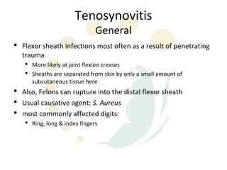 Tenosynovitis
                              General
 Flexor sheath infections most often as a result of penetrating
  trauma
    More likely at joint flexion creases
    Sheaths are separated from skin by only a small amount of
     subcutaneous tissue here
 Also, Felons can rupture into the distal flexor sheath
 Usual causative agent: S. Aureus
 most commonly affected digits:
    Ring, long & index fingers
 