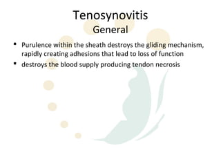 Tenosynovitis
                         General
 Purulence within the sheath destroys the gliding mechanism,
  rapidly creating adhesions that lead to loss of function
 destroys the blood supply producing tendon necrosis
 