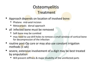 Osteomyelitis
                             Treatment
 Approach depends on location of involved bone:
    Phalanx: mid-axial incision
    Metacarpals: dorsal approach
 all infected bone must be removed
    Soft bone may be curetted
    may need to use drill holes to remove a small window of cortical bone
     for decompression of the infection
 routine post-Op care or may also use constant irrigation
  methods (1 wk)
 severe, extensive involvement of a digit may be best treated
  by amputation
    Will prevent stiffness & major disability of the uninfected parts
 