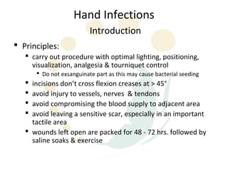 Hand Infections
                           Introduction
 Principles:
    carry out procedure with optimal lighting, positioning,
     visualization, analgesia & tourniquet control
        Do not exsanguinate part as this may cause bacterial seeding
    incisions don’t cross flexion creases at > 45°
    avoid injury to vessels, nerves & tendons
    avoid compromising the blood supply to adjacent area
    avoid leaving a sensitive scar, especially in an important
     tactile area
    wounds left open are packed for 48 - 72 hrs. followed by
     saline soaks & exercise
 