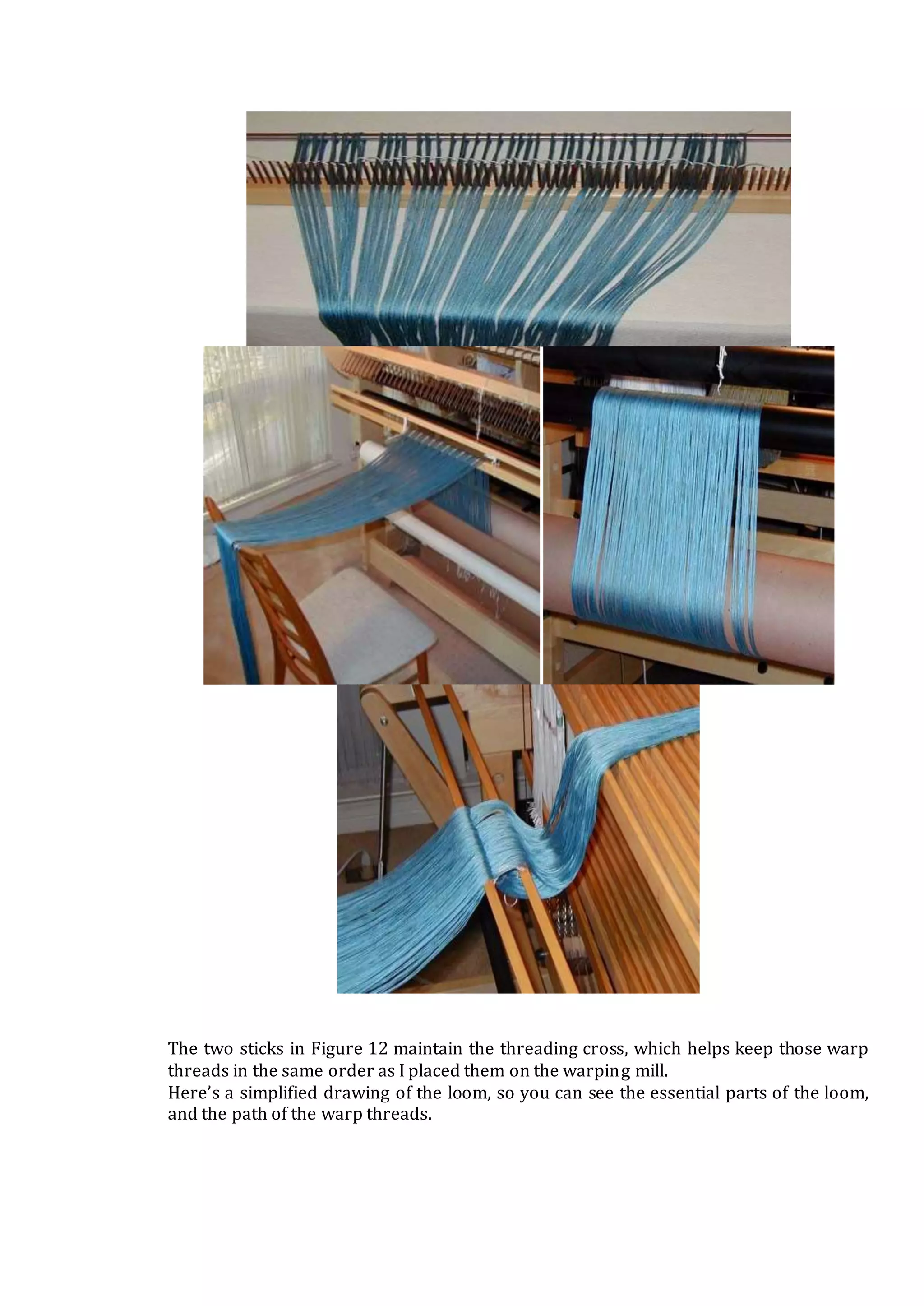 The two sticks in Figure 12 maintain the threading cross, which helps keep those warp
threads in the same order as I placed them on the warping mill.
Here’s a simplified drawing of the loom, so you can see the essential parts of the loom,
and the path of the warp threads.
 