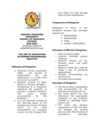 own efforts but also through
                                            those of their subordinates.


                                       Components of Delegation

                                       Delegation  to   others  in   the
                                       workplace involves four principal
                                       components:
         CENTRAL PHILIPPINE
                                                 DELEGATOR
             UNIVERSITY
        SCHOOL OF GRADUATE                       DELEGATEE
               STUDIES                           TASK
              MAN 625b:                          CLIENT / SITUATION.
          NURSING SERVICE
         ADMINISTRATION (Lab)
                                       Outcomes of Effective Delegation:

      THE ART OF DELEGATION              o Protects patient safety
     IN NURSING PROFESSIONAL             o Achieves desirable patient
             PRACTICE                      outcomes
                                         o Achieves benefits for the
                                           licensed nurse and other
                                           personnel
Definition of Delegation                 o Reduces health care costs by
     American Nurses Association           using a mix of personnel
     (ANA) – the transfer of               appropriately
     responsibility     for      the     o Provides Accountability for
     performance of a task from            nursing care
     one person to another.              o Decreases nurse liability
     National Council of State         Principles of Delegation
     Board of Nursing (NCSBN) –
     transferring to a competent          The nurse takes responsibility
     individual the authority to           and accountability for the
     perform a selected situation.         provision of nursing practice
     The        nurse        retains      The nurse directs care and
     accountability      for     the       determines the appropriate
     delegation.                           utilization of any assistant
     It is an essential element of         involved in providing direct
     the directing phase of the            patient care
     management process because           The nurse may delegate
     much       of    the      work        components of care but does
     accomplished by managers              not delegate the nursing
     occurs not only through their         process itself. The functions of
                                           assessment,           planning,
 