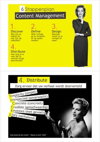 Stappenplan 
1. 2. 3. 
Discover 
Wat zijn je 
doelen en 
wat zijn de 
valkuilen? 
4. 
Define 
Welk verhaal 
ga je vertellen 
en op welke 
manier? 
Design 
Wanneer 
vertel je je 
verhaal en 
waar? 
Distribute 
Hoe zorg je er 
voor dat je 
verhaal wordt 
doorverteld? 
Distribute 
4. 
Zorg ervoor dat uw verhaal wordt doorverteld 
concrete (concreet) 
credible (geloofwaardig) 
Chip Heath & Dan Heath ‐ “Made to Stick” 2007 
 