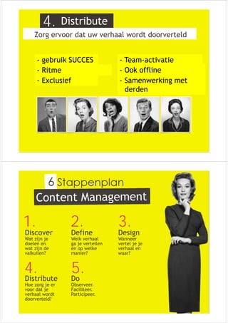 Distribute 
4. 
Zorg ervoor dat uw verhaal wordt doorverteld 
- gebruik SUCCES 
- Ritme 
- Exclusief 
- Team-activatie 
- Ook offline 
- Samenwerking met 
derden 
Stappenplan 
1. 
Discover 
Wat zijn je 
doelen en 
wat zijn de 
valkuilen? 
2. 
Define 
Welk verhaal 
ga je vertellen 
en op welke 
manier? 
3. 
Design 
Wanneer 
vertel je je 
verhaal en 
waar? 
4. 
Distribute 
Hoe zorg je er 
voor dat je 
verhaal wordt 
doorverteld? 
5. 
Do 
Observeer. 
Faciliteer. 
Participeer. 
 