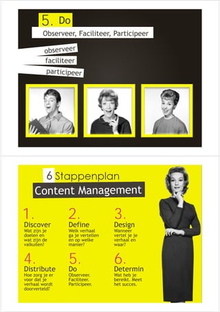 Do 
5. 
Observeer, Faciliteer, Participeer 
faciliteer 
Stappenplan 
1. 2. 3. 
Discover 
Wat zijn je 
doelen en 
wat zijn de 
valkuilen? 
Define 
Welk verhaal 
ga je vertellen 
en op welke 
manier? 
4. 5. 
Design 
Wanneer 
vertel je je 
verhaal en 
waar? 
Distribute 
Hoe zorg je er 
voor dat je 
verhaal wordt 
doorverteld? 
Do 
Observeer. 
Faciliteer. 
Participeer. 
6. 
Determin 
Wat heb je 
bereikt. Meet 
het succes. 
 