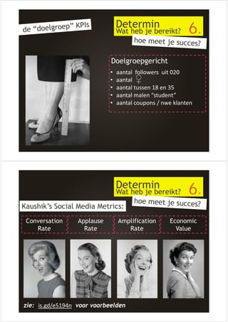 Determin 
Wat heb je bereikt? 6. 
Doelgroepgericht 
• aantal followers uit 020 
• aantal ♀ 
• aantal tussen 18 en 35 
• aantal malen “student” 
• aantal coupons / nwe klanten 
Determin 
Wat heb je bereikt? 6. 
Conversation 
Rate 
Applause 
Rate 
Amplification 
Rate 
Economic 
Value 
Kaushik’s Social Media Metrics: 
zie: is.gd/e5194n voor voorbeelden 
 