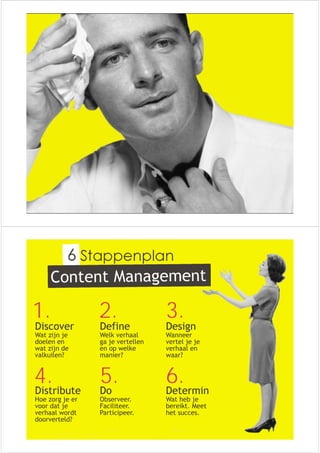 Stappenplan 
1. 2. 3. 
Discover 
Wat zijn je 
doelen en 
wat zijn de 
valkuilen? 
Define 
Welk verhaal 
ga je vertellen 
en op welke 
manier? 
Design 
Wanneer 
vertel je je 
verhaal en 
waar? 
4. 5. 6. 
Distribute 
Hoe zorg je er 
voor dat je 
verhaal wordt 
doorverteld? 
Do 
Observeer. 
Faciliteer. 
Participeer. 
Determin 
Wat heb je 
bereikt. Meet 
het succes. 
 