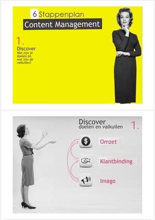 Stappenplan 
1. 
Discover 
Wat zijn je 
doelen en 
wat zijn de 
valkuilen? 
Discover doelen en valkuilen 
1. 
Omzet 
Klantbinding 
Imago 
 