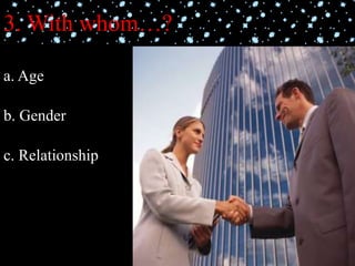 3. With whom…?
a. Age
b. Gender
c. Relationship
 