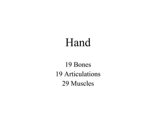 Hand 19 Bones 19 Articulations 29 Muscles 