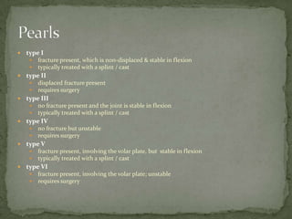 

type I





type II





no fracture but unstable
requires surgery

type V





no fracture present and the joint is stable in flexion
typically treated with a splint / cast

type IV





displaced fracture present
requires surgery

type III





fracture present, which is non-displaced & stable in flexion
typically treated with a splint / cast

fracture present, involving the volar plate, but stable in flexion
typically treated with a splint / cast

type VI



fracture present, involving the volar plate; unstable
requires surgery

 