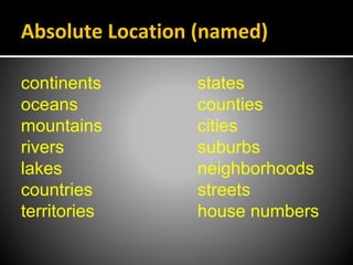 Absolute Location (named)
continents states
oceans counties
mountains cities
rivers suburbs
lakes neighborhoods
countries streets
territories house numbers
 