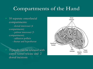 Compartments of the Hand
• 10 separate osteofascial
compartments:
- dorsal interossei (4
compartments)
- palmar interossei (3
compartments)
- adductor pollicis
- thenar and hypothenar
• Typically can be released with
carpal tunnel release and 2
dorsal incisions
 