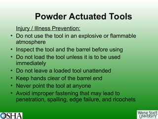 Using Power Tools Injury HAND AND POWER TOOLS, Safety Health and Environment | PPT