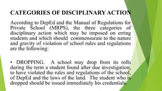 CATEGORIES OF DISCIPLINARY ACTION
According to DepEd and the Manual of Regulations for
Private School (MRPS), the three categories of
disciplinary action which may be imposed on erring
students and which should commensurate to the nature
and gravity of violation of school rules and regulations
are the following:
• DROPPING. A school may drop from its rolls
during the term a student found after due investigation,
to have violated the rules and regulations of the school,
of DepEd and the laws of the land. The student who is
dropped should be issued immediately his credentials.
 
