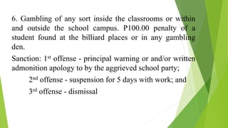 6. Gambling of any sort inside the classrooms or within
and outside the school campus. P100.00 penalty of a
student found at the billiard places or in any gambling
den.
Sanction: 1st offense - principal warning or and/or written
admonition apology to by the aggrieved school party;
2nd offense - suspension for 5 days with work; and
3rd offense - dismissal
 