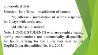 b. Periodical Test
Sanction: 1st offense - invalidation of scores;
2nd offense - invalidation of scores suspension
for 5 days with work; and
3rd offense - dismissal
Note: HONOR STUDENTS who are caught cheating
during examinations are automatically disqualified
for honor ranking for the curriculum year as per
DepEd Order disqualified No. 6 s. 2005.
 