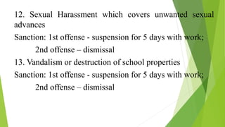 12. Sexual Harassment which covers unwanted sexual
advances
Sanction: 1st offense - suspension for 5 days with work;
2nd offense – dismissal
13. Vandalism or destruction of school properties
Sanction: 1st offense - suspension for 5 days with work;
2nd offense – dismissal
 