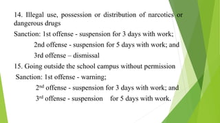 14. Illegal use, possession or distribution of narcotics or
dangerous drugs
Sanction: 1st offense - suspension for 3 days with work;
2nd offense - suspension for 5 days with work; and
3rd offense – dismissal
15. Going outside the school campus without permission
Sanction: 1st offense - warning;
2nd offense - suspension for 3 days with work; and
3rd offense - suspension for 5 days with work.
 
