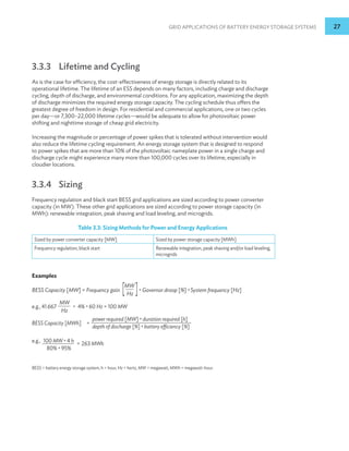 Grid Applications of Battery Energy Storage Systems 27
3.3.3 Lifetime and Cycling
As is the case for efficiency, the cost-effectiveness of energy storage is directly related to its
operational lifetime. The lifetime of an ESS depends on many factors, including charge and discharge
cycling, depth of discharge, and environmental conditions. For any application, maximizing the depth
of discharge minimizes the required energy storage capacity. The cycling schedule thus offers the
greatest degree of freedom in design. For residential and commercial applications, one or two cycles
per day—or 7,300–22,000 lifetime cycles—would be adequate to allow for photovoltaic power
shifting and nighttime storage of cheap grid electricity.
Increasing the magnitude or percentage of power spikes that is tolerated without intervention would
also reduce the lifetime cycling requirement. An energy storage system that is designed to respond
to power spikes that are more than 10% of the photovoltaic nameplate power in a single charge and
discharge cycle might experience many more than 100,000 cycles over its lifetime, especially in
cloudier locations.
3.3.4 Sizing
Frequency regulation and black start BESS grid applications are sized according to power converter
capacity (in MW). These other grid applications are sized according to power storage capacity (in
MWh): renewable integration, peak shaving and load leveling, and microgrids.
Table 3.3: Sizing Methods for Power and Energy Applications
Sized by power converter capacity [MW] Sized by power storage capacity [MWh]
Frequency regulation, black start Renewable integration, peak shaving and/or load leveling,
microgrids
Examples
BESS Capacity [MW] = Frequency gain [MW
]
Hz * Governor droop [%] * System frequency [Hz]
e.g., 41.667
MW
Hz * 4% * 60 Hz = 100 MW
BESS Capacity [MWh] =
power required [MW] * duration required [h]
		
depth of discharge [%] * battery efficiency [%]
e.g., 100 MW * 4 h
80% * 95%
= 263 MWh
BESS = battery energy storage system, h = hour, Hz = hertz, MW = megawatt, MWh = megawatt-hour.
 