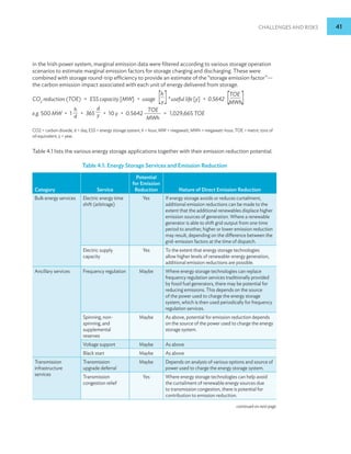 Challenges and Risks 41
in the Irish power system, marginal emission data were filtered according to various storage operation
scenarios to estimate marginal emission factors for storage charging and discharging. These were
combined with storage round-trip efficiency to provide an estimate of the “storage emission factor”—
the carbon emission impact associated with each unit of energy delivered from storage.
CO2
reduction (TOE) = ESS capacity [MW] * usage [h
]
y *useful life [y] * 0.5642 [TOE
]
MWh
e.g. 500 MW * 1
h
d * 365
d
y * 10 y * 0.5642
TOE
MWh
= 1,029,665 TOE
CO2 = carbon dioxide, d = day, ESS = energy storage system, h = hour, MW = megawatt, MWh = megawatt-hour, TOE = metric tons of
oil equivalent, y = year.
Table 4.1 lists the various energy storage applications together with their emission reduction potential.
Table 4.1: Energy Storage Services and Emission Reduction
Category Service
Potential
for Emission
Reduction Nature of Direct Emission Reduction
Bulk energy services Electric energy time
shift (arbitrage)
Yes If energy storage avoids or reduces curtailment,
additional emission reductions can be made to the
extent that the additional renewables displace higher
emission sources of generation. Where a renewable
generator is able to shift grid output from one time
period to another, higher or lower emission reduction
may result, depending on the difference between the
grid-emission factors at the time of dispatch.
Electric supply
capacity
Yes To the extent that energy storage technologies
allow higher levels of renewable-energy generation,
additional emission reductions are possible.
Ancillary services Frequency regulation Maybe Where energy storage technologies can replace
frequency regulation services traditionally provided
by fossil fuel generators, there may be potential for
reducing emissions. This depends on the source
of the power used to charge the energy storage
system, which is then used periodically for frequency
regulation services.
Spinning, non-
spinning, and
supplemental
reserves
Maybe As above, potential for emission reduction depends
on the source of the power used to charge the energy
storage system.
Voltage support Maybe As above
Black start Maybe As above
Transmission
infrastructure
services
Transmission
upgrade deferral
Maybe Depends on analysis of various options and source of
power used to charge the energy storage system.
Transmission
congestion relief
Yes Where energy storage technologies can help avoid
the curtailment of renewable energy sources due
to transmission congestion, there is potential for
contribution to emission reduction.
continued on next page
 