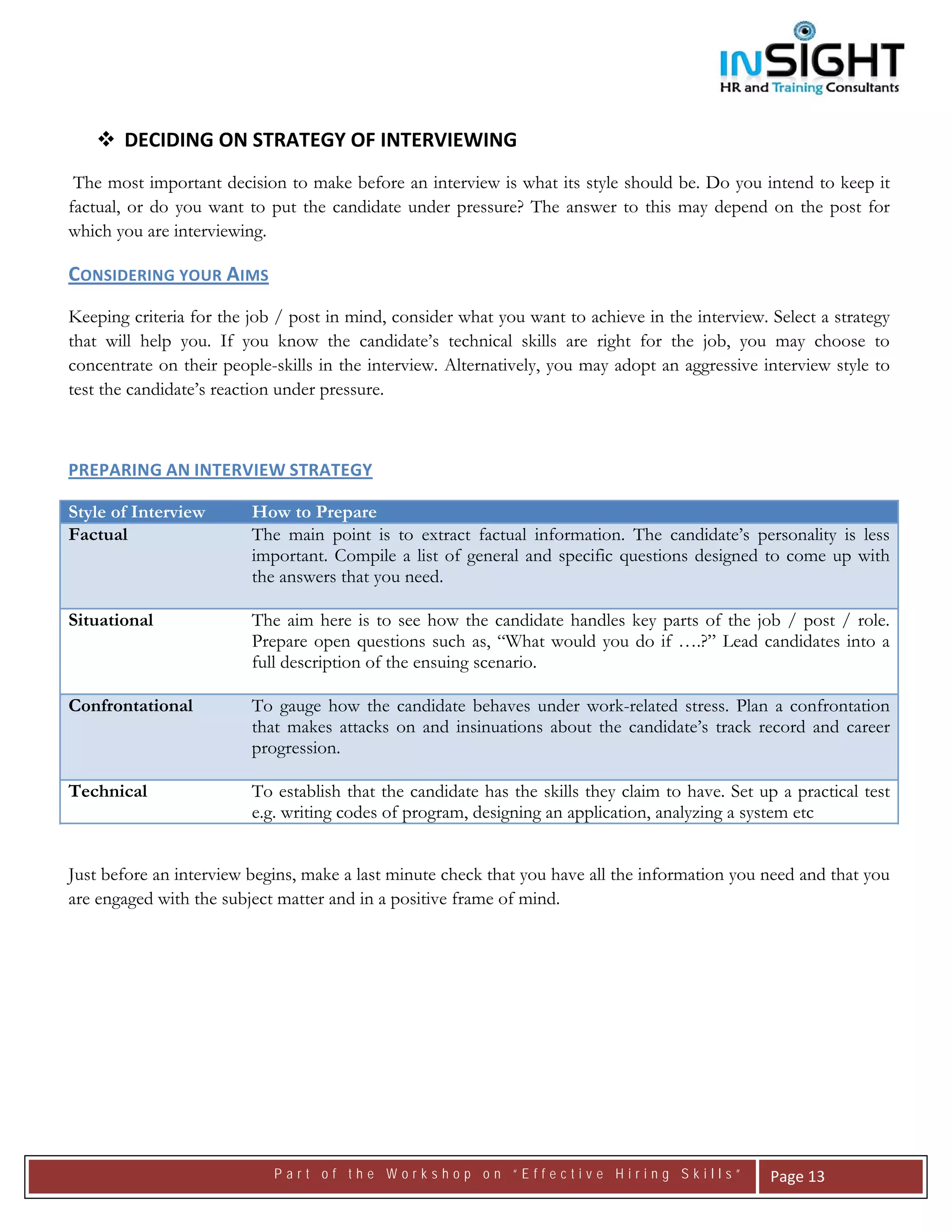  




       DECIDING ON STRATEGY OF INTERVIEWING  
 The most important decision to make before an interview is what its style should be. Do you intend to keep it
factual, or do you want to put the candidate under pressure? The answer to this may depend on the post for
which you are interviewing.

CONSIDERING YOUR AIMS 
Keeping criteria for the job / post in mind, consider what you want to achieve in the interview. Select a strategy
that will help you. If you know the candidate’s technical skills are right for the job, you may choose to
concentrate on their people-skills in the interview. Alternatively, you may adopt an aggressive interview style to
test the candidate’s reaction under pressure.



PREPARING AN INTERVIEW STRATEGY 

Style of Interview       How to Prepare
Factual                  The main point is to extract factual information. The candidate’s personality is less
                         important. Compile a list of general and specific questions designed to come up with
                         the answers that you need.

Situational              The aim here is to see how the candidate handles key parts of the job / post / role.
                         Prepare open questions such as, “What would you do if ….?” Lead candidates into a
                         full description of the ensuing scenario.

Confrontational          To gauge how the candidate behaves under work-related stress. Plan a confrontation
                         that makes attacks on and insinuations about the candidate’s track record and career
                         progression.

Technical                To establish that the candidate has the skills they claim to have. Set up a practical test
                         e.g. writing codes of program, designing an application, analyzing a system etc


Just before an interview begins, make a last minute check that you have all the information you need and that you
are engaged with the subject matter and in a positive frame of mind.




                            Part of the Workshop on “Effective Hiring Skills”                     Page 13 
 