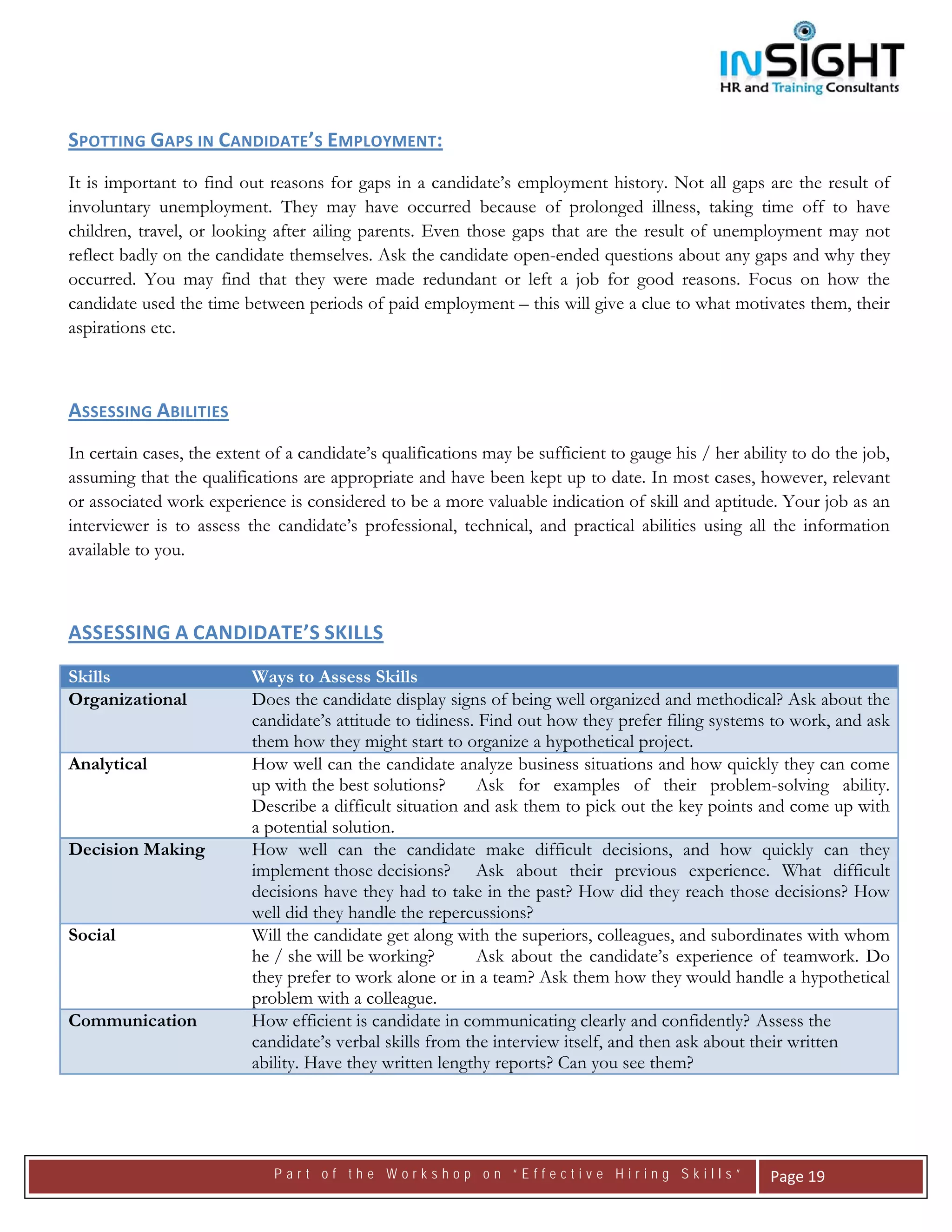  




SPOTTING GAPS IN CANDIDATE’S EMPLOYMENT: 
It is important to find out reasons for gaps in a candidate’s employment history. Not all gaps are the result of
involuntary unemployment. They may have occurred because of prolonged illness, taking time off to have
children, travel, or looking after ailing parents. Even those gaps that are the result of unemployment may not
reflect badly on the candidate themselves. Ask the candidate open-ended questions about any gaps and why they
occurred. You may find that they were made redundant or left a job for good reasons. Focus on how the
candidate used the time between periods of paid employment – this will give a clue to what motivates them, their
aspirations etc.



ASSESSING ABILITIES  
In certain cases, the extent of a candidate’s qualifications may be sufficient to gauge his / her ability to do the job,
assuming that the qualifications are appropriate and have been kept up to date. In most cases, however, relevant
or associated work experience is considered to be a more valuable indication of skill and aptitude. Your job as an
interviewer is to assess the candidate’s professional, technical, and practical abilities using all the information
available to you.



ASSESSING A CANDIDATE’S SKILLS 
Skills                    Ways to Assess Skills
Organizational            Does the candidate display signs of being well organized and methodical? Ask about the
                          candidate’s attitude to tidiness. Find out how they prefer filing systems to work, and ask
                          them how they might start to organize a hypothetical project.
Analytical                How well can the candidate analyze business situations and how quickly they can come
                          up with the best solutions?      Ask for examples of their problem-solving ability.
                          Describe a difficult situation and ask them to pick out the key points and come up with
                          a potential solution.
Decision Making           How well can the candidate make difficult decisions, and how quickly can they
                          implement those decisions? Ask about their previous experience. What difficult
                          decisions have they had to take in the past? How did they reach those decisions? How
                          well did they handle the repercussions?
Social                    Will the candidate get along with the superiors, colleagues, and subordinates with whom
                          he / she will be working?        Ask about the candidate’s experience of teamwork. Do
                          they prefer to work alone or in a team? Ask them how they would handle a hypothetical
                          problem with a colleague.
Communication             How efficient is candidate in communicating clearly and confidently? Assess the
                          candidate’s verbal skills from the interview itself, and then ask about their written
                          ability. Have they written lengthy reports? Can you see them?


 
                              Part of the Workshop on “Effective Hiring Skills”                       Page 19 
 