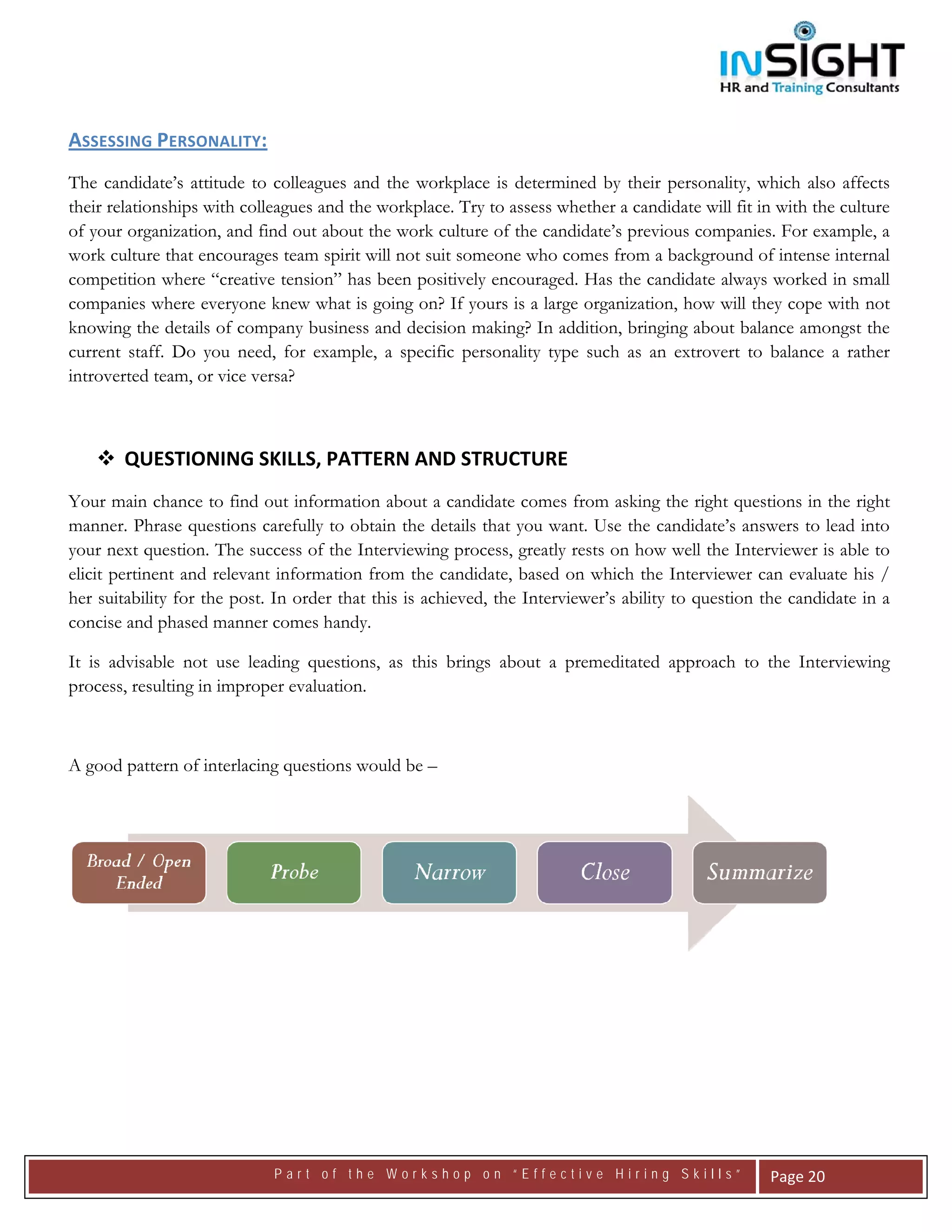 




AS
 SSESSING PERSONALITY:

Th candidate’s attitude to colleagues a the workplace is det
  he             s                       and                     termined by their personnality, which also affects
the relationshi with colle
  eir            ips         eagues and th workplace Try to asse whether a candidate w fit in with the culture
                                         he         e.           ess                    will          h
of your organiz zation, and fi out abou the work c
                             ind        ut         culture of the candidate’s previous companies. Fo example, a
                                                                e                                    or
wo culture th encourage team spirit will not sui someone w comes fr
  ork           hat          es          t          it          who          rom a backgrround of inteense internal
                                                                                                                  l
commpetition wh “creativ tension” h been posi
                here        ve          has         itively encou
                                                                uraged. Has t candidate always wor
                                                                            the          e           rked in smalll
commpanies whe everyone knew what is going on? If yours is a large organ
                ere                                                         nization, how will they co with not
                                                                                        w            ope          t
knoowing the de             mpany business and decisi making? In addition, bringing abo balance a
                etails of com                       ion                                  out          amongst the
currrent staff. D you need for examp a specifi personality type such as an extrov to balan a rather
                Do           d,         ple,        ic           y                        vert        nce         r
intr
   roverted team or vice ve
                m,          ersa?



        QUEST
            TIONING S
                    SKILLS, PAT
                              TTERN AND
                                      D STRUCTU
                                              URE 
Yo main chance to find out informat
  our                        o            tion about a candidate coomes from asking the rig questions in the right
                                                                                             ght           s           t
ma anner. Phrase questions carefully to o
                e            c            obtain the de
                                                      etails that you want. Use the candida  ate’s answers to lead into
you next quest
   ur            tion. The succcess of the Interviewing process, greatly rests on how well t Interview is able to
                                                      g                         n             the         wer
elic pertinent and relevant information from the c
   cit                       t            n           candidate, baased on whic the Interv
                                                                                ch           viewer can ev valuate his /
her suitability f the post. In order tha this is ach
   r            for                       at          hieved, the In
                                                                   nterviewer’s aability to queestion the ca
                                                                                                           andidate in a
conncise and pha ased manner comes hand
                             r            dy.

It is advisable not use lea
                          ading questio
                                      ons, as this brings abou a premedi
                                                             ut        itated approa to the I
                                                                                   ach      Interviewing
                                                                                                       g
pro
  ocess, resultin in improp evaluation
                ng        per         n.



Ag
 good pattern of interlacin questions would be –
            n             ng




                              Part of the Workshop on “Effective Hiring Skills”                       Page
                                                                                                         e 20 
 