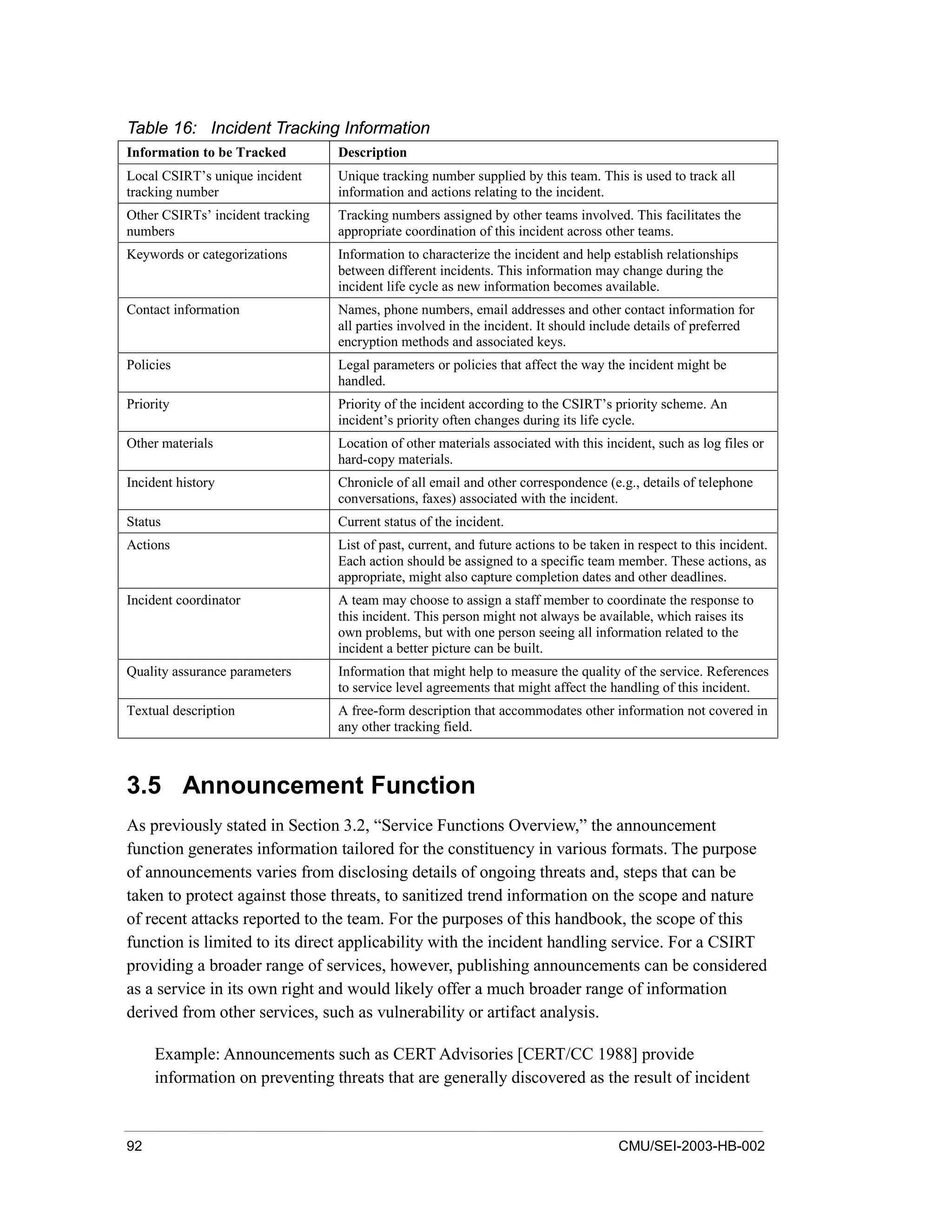 92 CMU/SEI-2003-HB-002
Table 16: Incident Tracking Information
Information to be Tracked Description
Local CSIRT’s unique incident
tracking number
Unique tracking number supplied by this team. This is used to track all
information and actions relating to the incident.
Other CSIRTs’ incident tracking
numbers
Tracking numbers assigned by other teams involved. This facilitates the
appropriate coordination of this incident across other teams.
Keywords or categorizations Information to characterize the incident and help establish relationships
between different incidents. This information may change during the
incident life cycle as new information becomes available.
Contact information Names, phone numbers, email addresses and other contact information for
all parties involved in the incident. It should include details of preferred
encryption methods and associated keys.
Policies Legal parameters or policies that affect the way the incident might be
handled.
Priority Priority of the incident according to the CSIRT’s priority scheme. An
incident’s priority often changes during its life cycle.
Other materials Location of other materials associated with this incident, such as log files or
hard-copy materials.
Incident history Chronicle of all email and other correspondence (e.g., details of telephone
conversations, faxes) associated with the incident.
Status Current status of the incident.
Actions List of past, current, and future actions to be taken in respect to this incident.
Each action should be assigned to a specific team member. These actions, as
appropriate, might also capture completion dates and other deadlines.
Incident coordinator A team may choose to assign a staff member to coordinate the response to
this incident. This person might not always be available, which raises its
own problems, but with one person seeing all information related to the
incident a better picture can be built.
Quality assurance parameters Information that might help to measure the quality of the service. References
to service level agreements that might affect the handling of this incident.
Textual description A free-form description that accommodates other information not covered in
any other tracking field.
3.5 Announcement Function
As previously stated in Section 3.2, “Service Functions Overview,” the announcement
function generates information tailored for the constituency in various formats. The purpose
of announcements varies from disclosing details of ongoing threats and, steps that can be
taken to protect against those threats, to sanitized trend information on the scope and nature
of recent attacks reported to the team. For the purposes of this handbook, the scope of this
function is limited to its direct applicability with the incident handling service. For a CSIRT
providing a broader range of services, however, publishing announcements can be considered
as a service in its own right and would likely offer a much broader range of information
derived from other services, such as vulnerability or artifact analysis.
Example: Announcements such as CERT Advisories [CERT/CC 1988] provide
information on preventing threats that are generally discovered as the result of incident
 