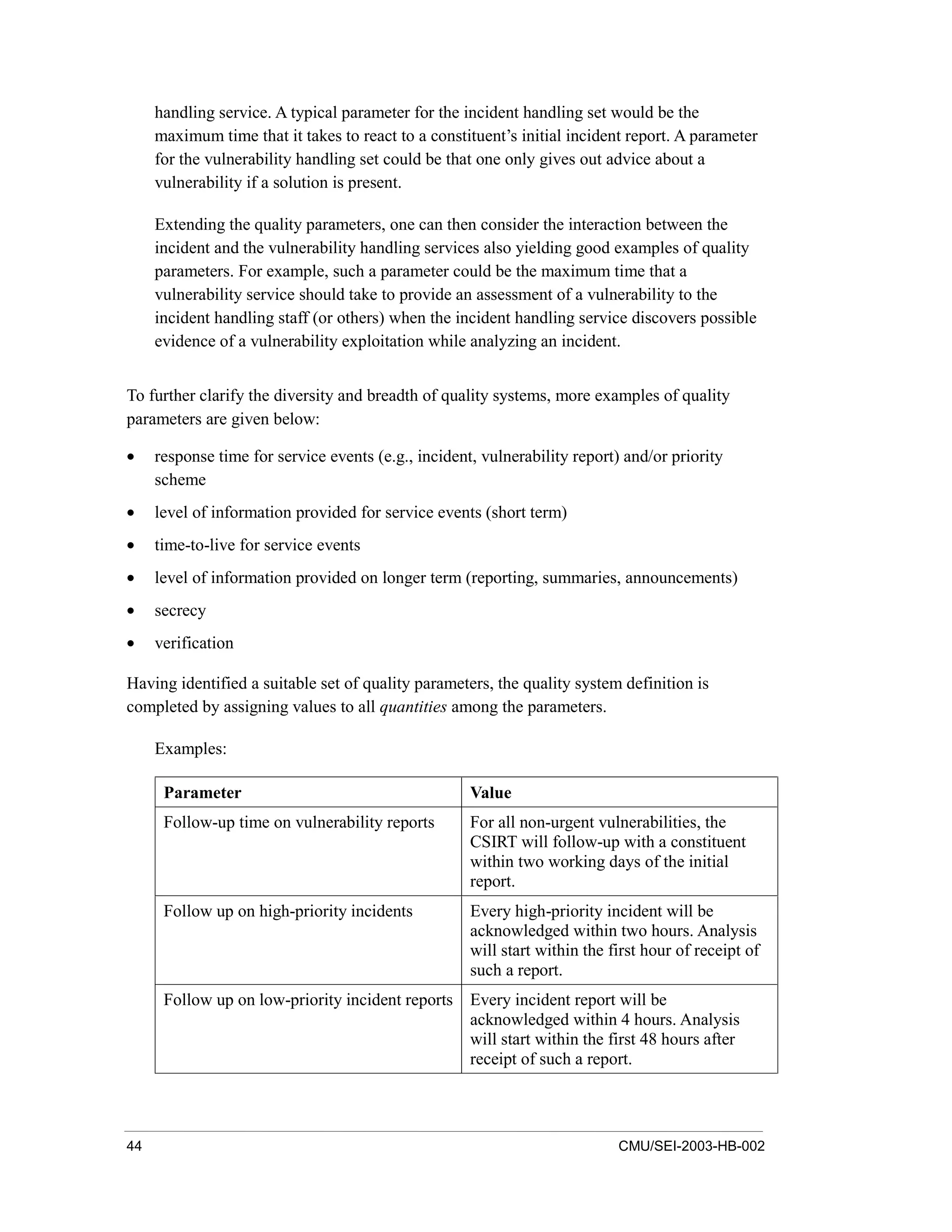 44 CMU/SEI-2003-HB-002
handling service. A typical parameter for the incident handling set would be the
maximum time that it takes to react to a constituent’s initial incident report. A parameter
for the vulnerability handling set could be that one only gives out advice about a
vulnerability if a solution is present.
Extending the quality parameters, one can then consider the interaction between the
incident and the vulnerability handling services also yielding good examples of quality
parameters. For example, such a parameter could be the maximum time that a
vulnerability service should take to provide an assessment of a vulnerability to the
incident handling staff (or others) when the incident handling service discovers possible
evidence of a vulnerability exploitation while analyzing an incident.
To further clarify the diversity and breadth of quality systems, more examples of quality
parameters are given below:
• response time for service events (e.g., incident, vulnerability report) and/or priority
scheme
• level of information provided for service events (short term)
• time-to-live for service events
• level of information provided on longer term (reporting, summaries, announcements)
• secrecy
• verification
Having identified a suitable set of quality parameters, the quality system definition is
completed by assigning values to all quantities among the parameters.
Examples:
Parameter Value
Follow-up time on vulnerability reports For all non-urgent vulnerabilities, the
CSIRT will follow-up with a constituent
within two working days of the initial
report.
Follow up on high-priority incidents Every high-priority incident will be
acknowledged within two hours. Analysis
will start within the first hour of receipt of
such a report.
Follow up on low-priority incident reports Every incident report will be
acknowledged within 4 hours. Analysis
will start within the first 48 hours after
receipt of such a report.
 