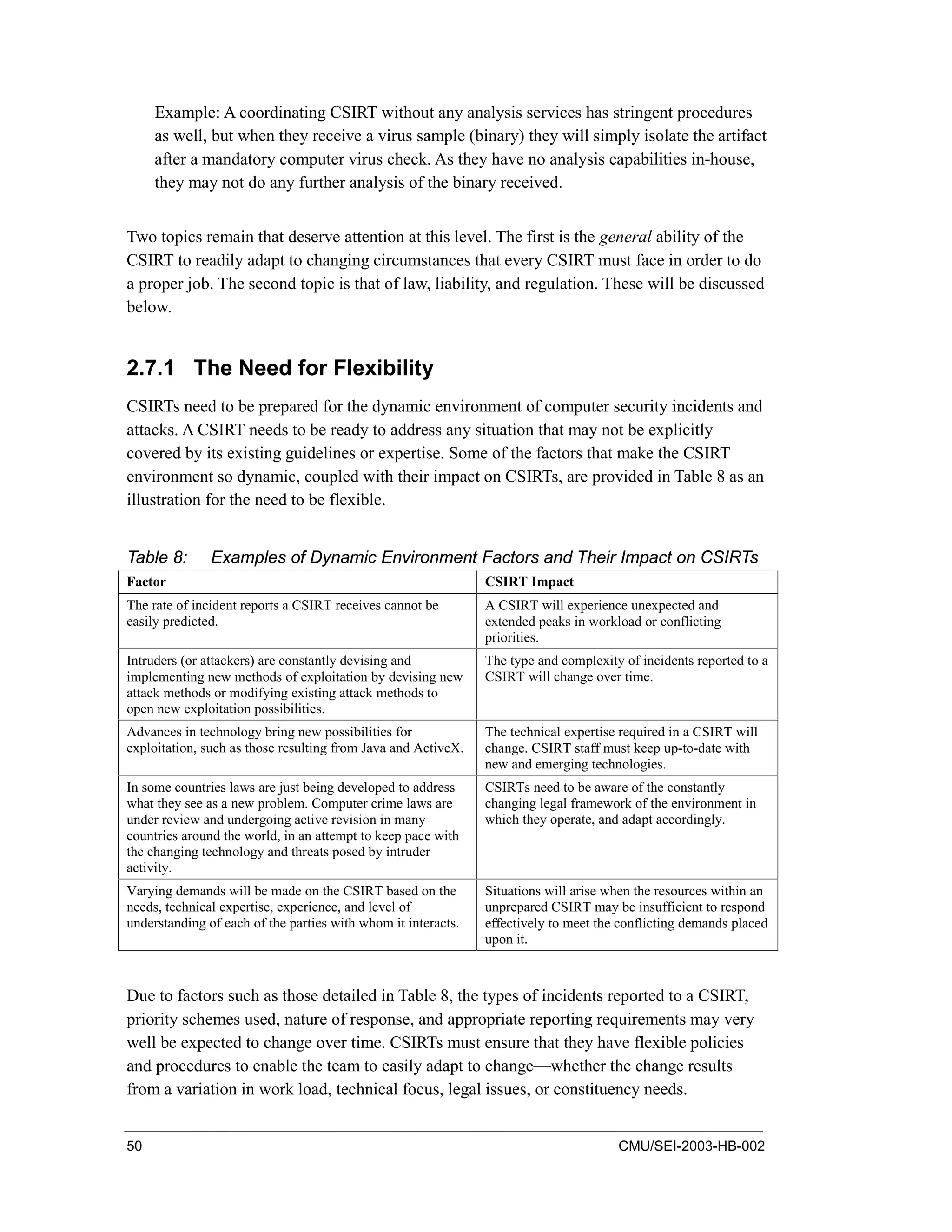 50 CMU/SEI-2003-HB-002
Example: A coordinating CSIRT without any analysis services has stringent procedures
as well, but when they receive a virus sample (binary) they will simply isolate the artifact
after a mandatory computer virus check. As they have no analysis capabilities in-house,
they may not do any further analysis of the binary received.
Two topics remain that deserve attention at this level. The first is the general ability of the
CSIRT to readily adapt to changing circumstances that every CSIRT must face in order to do
a proper job. The second topic is that of law, liability, and regulation. These will be discussed
below.
2.7.1 The Need for Flexibility
CSIRTs need to be prepared for the dynamic environment of computer security incidents and
attacks. A CSIRT needs to be ready to address any situation that may not be explicitly
covered by its existing guidelines or expertise. Some of the factors that make the CSIRT
environment so dynamic, coupled with their impact on CSIRTs, are provided in Table 8 as an
illustration for the need to be flexible.
Table 8: Examples of Dynamic Environment Factors and Their Impact on CSIRTs
Factor CSIRT Impact
The rate of incident reports a CSIRT receives cannot be
easily predicted.
A CSIRT will experience unexpected and
extended peaks in workload or conflicting
priorities.
Intruders (or attackers) are constantly devising and
implementing new methods of exploitation by devising new
attack methods or modifying existing attack methods to
open new exploitation possibilities.
The type and complexity of incidents reported to a
CSIRT will change over time.
Advances in technology bring new possibilities for
exploitation, such as those resulting from Java and ActiveX.
The technical expertise required in a CSIRT will
change. CSIRT staff must keep up-to-date with
new and emerging technologies.
In some countries laws are just being developed to address
what they see as a new problem. Computer crime laws are
under review and undergoing active revision in many
countries around the world, in an attempt to keep pace with
the changing technology and threats posed by intruder
activity.
CSIRTs need to be aware of the constantly
changing legal framework of the environment in
which they operate, and adapt accordingly.
Varying demands will be made on the CSIRT based on the
needs, technical expertise, experience, and level of
understanding of each of the parties with whom it interacts.
Situations will arise when the resources within an
unprepared CSIRT may be insufficient to respond
effectively to meet the conflicting demands placed
upon it.
Due to factors such as those detailed in Table 8, the types of incidents reported to a CSIRT,
priority schemes used, nature of response, and appropriate reporting requirements may very
well be expected to change over time. CSIRTs must ensure that they have flexible policies
and procedures to enable the team to easily adapt to change—whether the change results
from a variation in work load, technical focus, legal issues, or constituency needs.
 