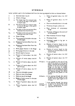 SYMBOLS
Letter symbols used in this handbook shall have the meaning assigned to them as indicated below:
0
b
A
B
CI.?
c YY
D
D
e,,
eYY
=
=
=ii
ti
=
=
3
=
=
Z
=
I:
=
-_
=
=3
=:
=:
I:
S
=
-_
=
=
Sectional area in sq cm
Width of flange
The longer leg of an unequal angle
or one of the legs in the case of
an equal angle
The shorter leg of an unequal angle
or one of the legs in the case of
an equal angle
The lesser of the two extreme fibre
distances from the X-X axis
The lesser of the two extreme fibre
distances from the Y-Y axis
Slope of flange
The outstand of the bulb in the case
of bulb angles
Distance of extreme fibre from the
X-X axis
Di;‘y;.a;f extreme fibre from the
Rivet gauge distance in the flange
Rivet gauge distance in the web
Overall depth of section
Moment of inertia.about the U-U
axis
Moment of inertia about the V-V
axis
Moment of inertia about the X-X
axis
Product of inertia about the X-X
and Y-Y axes
Moment of inertia about the Y-Y
axis
Maximum allow’able moment
Radius at root of the flange
Radius at toe of the flange
Radius of bulb corners in the case
of bulb angles
Radius of gyration about the U-U
axis
Radius of gyration about the V-V
axis
Y-Y axis =
X-X axis =
Radius of gyration about the X-X
axis
Radius of gy,ration about the Y-Y
axis
Maximum allowable shear in the web
Thickness of angles, plates, etc
Mean thickness of
flange
Thickness of flange at
of the outstand
compression
the centre of
Mean thickness of tension flange
Thickness of web
Calculated weight in kg per m
(= O-785 a)
Modulus of section based on the
distance of extreme fibre of the
compression flange
Modulus of section based on the
dtstance of extreme fibre of the
tension flange
Modulus of section about the X-X
axis
Modulus of section about the Y-Y
2xis
A line parallel to the axis of the
web of the section (in the case of
beams, channels and tee bars) or
parallel to the axis of the longer
flange ( in the case of unequal
angles and bulb angles ) or either
flange ( in the case of equal angles)
and passing through the centre
of gravity of the profile of the
section
A line passing through the centre
of gravity of the profile of the
section, and at right angles to the
Y-Y axis
? Lines passing through the centre
U-U and
V-V axes - i
of gravity of the profrle of the
section, representing the prin-
J cipal axes of the section
 
