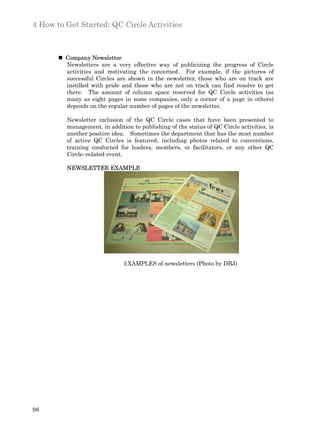 4 How to Get Started: QC Circle Activities



       n Company Newsletter
         Newsletters are a very effective way of publicizing the progress of Circle
         activities and motivating the concerned. For example, if the pictures of
         successful Circles are shown in the newsletter, those who are on track are
         instilled with pride and those who are not on track can find resolve to get
         there. The amount of column space reserved for QC Circle activities (as
         many as eight pages in some companies, only a corner of a page in others)
         depends on the regular number of pages of the newsletter.

          Newsletter inclusion of the QC Circle cases that have been presented to
          management, in addition to publishing of the status of QC Circle activities, is
          another positive idea. Sometimes the department that has the most number
          of active QC Circles is featured, including photos related to conventions,
          training conducted for leaders, members, or facilitators, or any other QC
          Circle–related event.

          NEWSLETTER EXAMPLE




              　　　　

                               EXAMPLES of newsletters (Photo by DBJ)




98
 