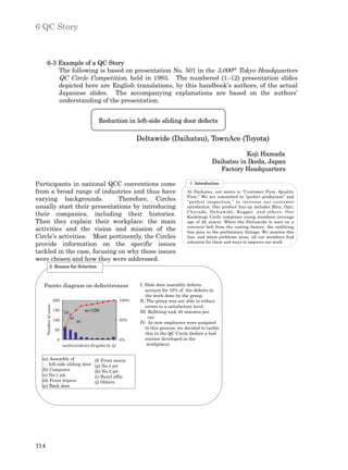 6 QC Story



         6-3 Example of a QC Story
             The following is based on presentation No. 501 in the 3,000th Tokyo Headquarters
             QC Circle Competition, held in 1993. The numbered (1–12) presentation slides
             depicted here are English translations, by this handbook’s authors, of the actual
             Japanese slides. The accompanying explanations are based on the authors’
             understanding of the presentation.


                                                      Reduction in left-side sliding door defects

                                                                            Deltawide (Daihatsu), TownAce (Toyota)

                                                                                                                            Koji Hamada
                                                                                                                 Daihatsu in Ikeda, Japan
                                                                                                                    Factory Headquarters

Participants in national QCC conventions come                                                         1 Introduction

from a broad range of industries and thus have                                                      At Daihatsu, out motto is “Customer First, Quality
                                                                                                    First.” We are committed to “perfect production” and
varying backgrounds.          Therefore, Circles                                                    “perfect inspection,” to increase ou r customer
usually start their presentations by introducing                                                    satisfaction. Our product line-up includes Mira, Opti,
                                                                                                    Ch arade, Delt awide, Rugger, an d others. O ur
their companies, including their histories.                                                         Kashiwagi Circle comprises young members (average
Then they explain their workplace: the main                                                         age of 26 years). When the Deltawide is sent on a
                                                                                                    conveyer belt from the coating factory, the outfitting
activities and the vision and mission of the                                                        line puts in the preliminary fittings. We monitor this
Circle’s activities. Most pertinently, the Circles                                                  line, and when problems arise, all our members find
                                                                                                    solutions for them and ways to improve our work.
provide information on the specific issues
tackled in the case, focusing on why those issues
were chosen and how they were addressed.
                2 Reason for Selection



   Pareto diagram on defectiveness                                           I. Slide door assembly defects
                                                                                account for 33% of the defects in
                                                                                the work done by the group.
                        200                                          100%    II. The group was not able to reduce
                                                                                errors to a satisfactory level.
      Number of cases




                        150
                               65             n=199                          III. Refitting took 20 minutes per
                                    48                                            car.
                        100              36                          50%
                                                                             IV. As new employees were assigned
                         50                                                     to this process, we decided to tackle
                                                                                this in the QC Circle (before a bad
                          0                                          0%         routine developed in the
                              (a)(b) (c)(d) (e) (f) (g)(h) (i) (j)               workplace).


  (a) Assembly of                                  (f) Front motor
      left-side sliding door                       (g) No.4 pit
  (b) Computer                                     (h) No.2 pit
  (c) No.1 pit                                     (i) Butyl affix
  (d) Front wipers                                 (j) Others
  (e) Back door




114
 