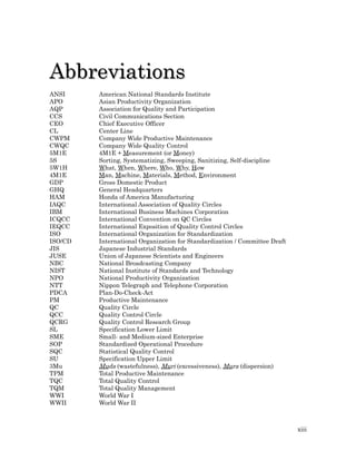 Abbreviations
ANSI     American National Standards Institute
APO      Asian Productivity Organization
AQP      Association for Quality and Participation
CCS      Civil Communications Section
CEO      Chief Executive Officer
CL       Center Line
CWPM     Company Wide Productive Maintenance
CWQC     Company Wide Quality Control
5M1E     4M1E + Measurement (or Money)
5S       Sorting, Systematizing, Sweeping, Sanitizing, Self-discipline
5W1H     What, When, Where, Who, Why, How
4M1E     Man, Machine, Materials, Method, Environment
GDP      Gross Domestic Product
GHQ      General Headquarters
HAM      Honda of America Manufacturing
IAQC     International Association of Quality Circles
IBM      International Business Machines Corporation
ICQCC    International Convention on QC Circles
IEQCC    International Exposition of Quality Control Circles
ISO      International Organization for Standardization
ISO/CD   International Organization for Standardization / Committee Draft
JIS      Japanese Industrial Standards
JUSE     Union of Japanese Scientists and Engineers
NBC      National Broadcasting Company
NIST     National Institute of Standards and Technology
NPO      National Productivity Organization
NTT      Nippon Telegraph and Telephone Corporation
PDCA     Plan-Do-Check-Act
PM       Productive Maintenance
QC       Quality Circle
QCC      Quality Control Circle
QCRG     Quality Control Research Group
SL       Specification Lower Limit
SME      Small- and Medium-sized Enterprise
SOP      Standardized Operational Procedure
SQC      Statistical Quality Control
SU       Specification Upper Limit
3Mu      Muda (wastefulness), Muri (excessiveness), Mura (dispersion)
TPM      Total Productive Maintenance
TQC      Total Quality Control
TQM      Total Quality Management
WWI      World War I
WWII     World War II



                                                                            xiii
 