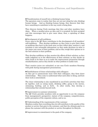 7 Benefits, Elements of Success, and Impediments



l Transformation of oneself into a thinking human being
The operators come to realize that they are not just doing but also thinking
human beings. And as thinking human beings, they discover that they
have something to contribute to the way work is being done.

They discover during Circle meetings that they and other members have
ideas. When a member gives an idea and it is accepted, he feels accepted
and this encourages him to give more ideas; thus, a spiraling of ideas
happens.

l Development of self-confidence
Every step in the QC Story contributes to the development of all members’
self-confidence. They develop confidence as they learn to give their ideas
on problems they have in the work area; as they collect data, analyze it, and
translate it into actionable information; as they make decisions on what is
the major root cause of their problem; and as they weigh their options as to
the best solution to their problem.

They develop confidence as they monitor the effects of their solution; as they
make judgment as to the effectiveness of their solution; as they decide on
what needs to be done so as to make the improvement permanent through
standardization; and as they decide on what problem to tackle next.

Their creative juices are unleashed, so one sees Circle members blooming
with pride during management presentations.

l Establishment of closer relationships with colleagues
As they get to communicate more with their colleagues, they form closer
relationships. They come to understand what each other is doing, and how
their work is interrelated.

The closer relationship is also manifested in non-Circle activities that they
do together, such as eating meals, drinking coffee, going to the movies,
swimming, bowling, and so forth. In other words, they develop a
relationship that extends beyond work.

l Improvement in customer orientation
The QC Circle provides members with an opportunity to see the company
from management’s perspective: stature of the company, competitiveness,
public perception of the corporate culture, and so on.

l Understanding of the requirements of the customer
Members realize that everything they do will contribute to the quality of the
product or service that goes to the customer, and that the ultimate goal is to
please the customer with the product or service throughout its lifecycle.

l Improvement in commitment to the goals of the company


                                                                          123
 