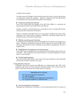 7 Benefits, Elements of Success, and Impediments


     available when needed.

     A certain amount of budget is allocated for people who want to attend conventions
     or conferences outside the company. Visits to companies that have QC Circles
     are included in the annual plan for the QC Circle program.

     l Continuous promotional activities
     Part of the annual plan and budget of the QC Circle Office is a provision for
     promotional activities such as QC Circle conventions.

     Leaders, members, and facilitators are counseled on how to energize QC Circles
     and sustain the enthusiasm of members.

     Visits to companies with QC Circles are encouraged, and QC Circles from other
     companies are invited during company conferences, providing opportunity for
     discussion about each other’s experiences.

     l Effective monitoring and evaluation
     A mechanism for monitoring and evaluating QC Circle activities and projects is in
     place. Regularly scheduled meetings are held to discuss the status of QC Circle
     activities, and reports on these meetings are provided to management, also on a
     regular basis.

     l Establishment of recognition and reward systems
     Every QC Circle accomplishment is recognized and outstanding achievements are
     rewarded. The recognition and reward scheme is evaluated regularly to ensure
     that it is still relevant.

     l Gradual implementation
     They start with a pilot Circle or two, and as they gain experience, they gradually
     increase the number of Circles every year.

7-3 Impediments to Success
    Companies that have experienced difficulties in implementing their QC Circle
    programs talk about the same elements described earlier, but in these cases the
    point is that those elements were either absent or lacking.


                              Impediments to success
               l   Lack of management commitment
               l   Lack of capacity
               l   Lack of participation by department management
               l   No person assigned on a full-time basis



     l Lack of management commitment
     Management commitment is lacking or is not communicated well to everyone in


                                                                                   131
 