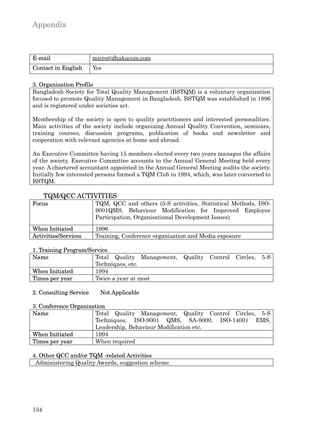 Appendix



E-mail                  micro@dhakacom.com
Contact in English      Yes

3. Organization Profile
Bangladesh Society for Total Quality Management (BSTQM) is a voluntary organization
focused to promote Quality Management in Bangladesh. BSTQM was established in 1996
and is registered under societies act.

Membership of the society is open to quality practitioners and interested personalities.
Main activities of the society include organizing Annual Quality Convention, seminars,
training courses, discussion programs, publication of books and newsletter and
cooperation with relevant agencies at home and abroad.

An Executive Committee having 15 members elected every two years manages the affairs
of the society. Executive Committee accounts to the Annual General Meeting held every
year. A chartered accountant appointed in the Annual General Meeting audits the society.
Initially few interested persons formed a TQM Club in 1994, which, was later converted to
BSTQM.

      TQM/QCC ACTIVITIES
Focus                   TQM, QCC and others (5-S activities, Statistical Methods, ISO-
                        9001QMS, Behaviour Modification for Improved Employee
                        Participation, Organisational Development Issues)
When Initiated          1996
Activities/Services     Training, Conference organization and Media exposure

1. Training Program/Service
Name                  Total Quality Management,         Quality   Control   Circles,   5-S
                      Techniques, etc.
When Initiated        1994
Times per year        Twice a year at most

2. Consulting Service     Not Applicable

3. Conference Organization
Name                  Total Quality Management, Quality Control Circles, 5-S
                      Techniques, ISO-9001 QMS, SA-8000, ISO-14001 EMS,
                      Leadership, Behaviour Modification etc.
When Initiated        1994
Times per year        When required

4. Other QCC and/or TQM -related Activities
 Administering Quality Awards, suggestion scheme




134
 