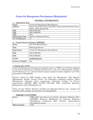 Appendix



    Centre for Management Development (Bangladesh)
                            GENERAL INFORMATION
1. Organization Data
Name                 Centre for Management Development
Address              House No:33 (3rd. Floor), Road No:4, Dhanmondi Residential Area,
                     Dhaka-1209, Bangladesh
TEL                  880-2-9661228
FAX                  880-2-9660503
URL                  N/A
Organization Type    Private, Voluntary Society
No. of Employees     15

2. Contact Person in Charge of TQM/QCC
Name                 Mr. Syed Masud Hasan
Title                 Managing Director
Department            Centre for Management Development
TEL                   880-2-9661228
FAX                   880-2-9660503
E-mail                cmd@bangla.net
Contact in English    Yes

3. Organization Profile
Centre for Management Development popularly known, as CMD is an enterprise engaged
in the field of Consultancy, Training and Research in the area of Management, Quality
and Productivity. It is a private limited company registered under companies’ act of the
government of Bangladesh.

Services offered by CMD includes major fields like Management, Total Quality
Management, Quality Control Circles, 5-S Techniques, Suggestion Scheme, Policy
Management, Corporate Policy management, Statistical methods for Process
improvement, ISO-9001 QMS, SA-8000, ISO-14001 EMS, Leadership, Materials
Management, Project Management etc.

There are four fulltime Directors including the Managing Director who, manages all
activities of the company. In total there are 8 shareholders.

    TQM/QCC ACTIVITIES
Focus                  TQM, QCC and others (5-S activities, Statistical Methods, ISO-
                       9001QMS, Behaviour Modification for Improved Employee
                       Participation, Facilitators Skill Training, Organisational
                       Development Issues)
When Initiated         1991




                                                                                     135
 