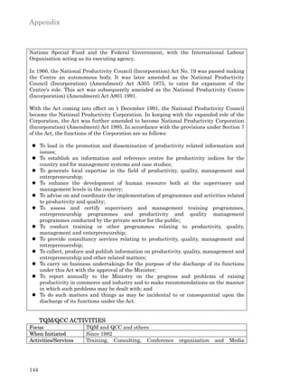 Appendix



Nations Special Fund and the Federal Government, with the International Labour
Organisation acting as its executing agency.

In 1966, the National Productivity Council (Incorporation) Act No. 19 was passed making
the Centre an autonomous body. It was later amended as the National Productivity
Council (Incorporation) (Amendment) Act A305 1975, to cater for expansion of the
Centre's role. This act was subsequently amended as the National Productivity Centre
(Incorporation) (Amendment) Act A801 1991.

With the Act coming into effect on 1 December 1991, the National Productivity Council
became the National Productivity Corporation. In keeping with the expanded role of the
Corporation, the Act was further amended to become National Productivity Corporation
(Incorporation) (Amendment) Act 1995. In accordance with the provisions under Section 7
of the Act, the functions of the Corporation are as follows:

 l To lead in the promotion and dissemination of productivity related information and
   issues;
 l To establish an information and reference centre for productivity indices for the
   country and for management systems and case studies;
 l To generate local expertise in the field of productivity, quality, management and
   entrepreneurship;
 l To enhance the development of human resource both at the supervisory and
   management levels in the country;
 l To advise on and coordinate the implementation of programmes and activities related
   to productivity and quality;
 l To assess and certify supervisory and management training programmes,
   entrepreneurship programmes and productivity and quality management
   programmes conducted by the private sector for the public;
 l To conduct training or other programmes relating to productivity, quality,
   management and enterpreneurship;
 l To provide consultancy services relating to productivity, quality, management and
   entreprenuership;
 l To collect, produce and publish information on productivity, quality, management and
   entrepreneurship and other related matters;
 l To carry on business undertakings for the purpose of the discharge of its functions
   under this Act with the approval of the Minister;
 l To report annually to the Ministry on the progress and problems of raising
   productivity in commerce and industry and to make recommendations on the manner
   in which such problems may be dealt with; and
 l To do such matters and things as may be incidental to or consequential upon the
   discharge of its functions under the Act.


      TQM/QCC ACTIVITIES
Focus                 TQM and QCC and others
When Initiated        Since 1982
Activities/Services   Training, Consulting, Conference      organization   and   Media




144
 