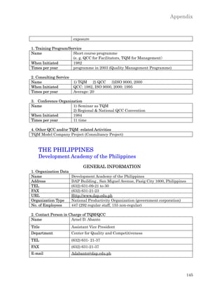 Appendix



                         exposure

1. Training Program/Service
Name                  Short course programme
                      (e. g. QCC for Facilitators, TQM for Management）
When Initiated        1982
Times per year        programme in 2003 (Quality Management Programme)

2. Consulting Service
Name                     1) TQM 2) QCC 3)ISO 9000, 2000
When Initiated           QCC: 1982, ISO 9000, 2000: 1995
Times per year           Average: 20

3. Conference Organization
Name                 1) Seminar as TQM
                     2) Regional & National QCC Convention
When Initiated       1984
Times per year       11 time

4. Other QCC and/or TQM -related Activities
TQM Model Company Project (Consultancy Project)



    THE PHILIPPINES
    Development Academy of the Philippines
                              GENERAL INFORMATION
1. Organization Data
Name                    Development Academy of the Philippines
Address                 DAP Building., San Miguel Avenue, Pasig City 1600, Philippines
TEL                     (632) 631-09-21 to 30
FAX                     (632) 631-21-23
URL                     Http://www.dap.edu.ph
Organization Type       National Productivity Organization (government corporation)
No. of Employees        447 (292 regular staff, 155 non-regular)

2. Contact Person in Charge of TQM/QCC
Name                  Arnel D. Abanto
Title                   Assistant Vice President
Department              Center for Quality and Competitiveness
TEL                     (632) 631- 21-37
FAX                     (632) 631-21-37
E-mail                  Adabanto@dap.edu.ph




                                                                                         145
 