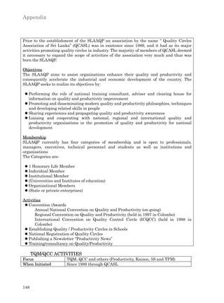 Appendix



Prior to the establishment of the SLAAQP an association by the name “ Quality Circles
Association of Sri Lanka” (QCASL) was in existence since 1989, and it had as its major
activities promoting quality circles in industry. The majority of members of QCASL deemed
it necessary to expand the scope of activities of the association very much and thus was
born the SLAAQP.

Objectives
The SLAAQP aims to assist organisations enhance their quality and productivity and
consequently accelerate the industrial and economic development of the country. The
SLAAQP seeks to realize its objectives by:

 l Performing the role of national training consultant, adviser and clearing house for
   information on quality and productivity improvement
 l Promoting and disseminating modern quality and productivity philosophies, techniques
   and developing related skills in people
 l Sharing experiences and propagating quality and productivity awareness
 l Liaising and cooperating with national, regional and international quality and
   productivity organisations in the promotion of quality and productivity for national
   development

Membership
SLAAQP currently has four categories of membership and is open to professionals,
managers, executives, technical personnel and students as well as institutions and
organisations
The Categories are:

 l 1 Honorary Life Member
 l Individual Member
 l Institutional Member
 l (Universities and Institutes of education)
 l Organizational Members
 l (State or private enterprises)

Activities
 l Convention /Awards
       Annual National Convention on Quality and Productivity (on-going)
       Regional Convention on Quality and Productivity (held in 1997 in Colombo)
       International Convention on Quality Control Circle (ICQCC) (held in 1998 in
       Colombo)
 l Establishing Quality / Productivity Circles in Schools
 l National Registration of Quality Circles
 l Publishing a Newsletter “Productivity News”
 l Training/consultancy on Quality/Productivity

      TQM/QCC ACTIVITIES
Focus                  TQM, QCC and others (Productivity, Kaizen, 5S and TPM)
When Initiated         Since 1989 through QCASL




148
 