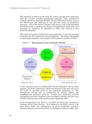 1 Quality Assurance in the 21st Century


          The industrial revolution in the early 20th century brought mass production
          with the so-called scientific management approach. This management
          method, created by Frederick Winslow Taylor (1856-1915), focuses only on
          the effectiveness and efficiency of cost and time issues on production
          processes. One of the distinct features of his theory is the fractionalization
          of frontline work, in which each process is categorized into small units, and
          operators are trained to be specialized in skills only required in that
          particular operation.

          This theory has greatly contributed to mass production—it not only increased
          production but also reduced the cost of production. The theory was applied
          in many large companies—for example, in the production systems of Ford.

             Figure 15     Management Cycle and Taylor System
                                                             Taylor System

              Brain Area                                           Non-
                                                                   Non-
              Brain Area                                          Brain Area
                                          PLAN                    Brain Area

                                          Design

                     ACT                                               DO

                 Service/Sales                                     Production


                                        CHECK
             Management                                         Frontline Operator
                                       Inspection
               Engineer

           Adapted by authors.                                    Sasaki and Hutchins 1984


          In this approach, however, as Ross (1982, 96) has identified, “All the study,
          analysis, and work improvement effort was directed at the task and not at
          the social or personal needs of the individual performing it.” The
          management focused only on productivity by making uniform and
          simplifying the production processes. A basic tenet under this scientific
          management was that “employees were not highly educated and thus were
          unable to perform any but the simplest tasks” (Sandrone 1964).

          In the management cycle, there is a so-called non-brain area, according to
          advocates of the Taylor System. It is replaced in the PDCA cycle by a Do
          step, where plans are implemented in actual production processes.
          Frontline operators are not required to be intelligent or creative, rather their



24
 