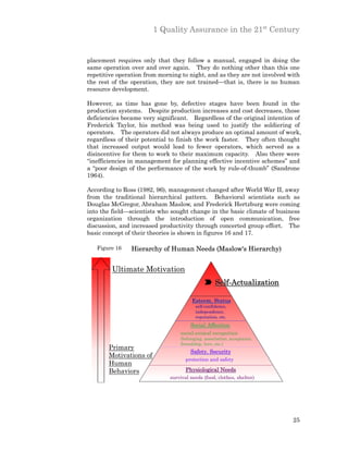1 Quality Assurance in the 21st Century


placement requires only that they follow a manual, engaged in doing the
same operation over and over again. They do nothing other than this one
repetitive operation from morning to night, and as they are not involved with
the rest of the operation, they are not trained—that is, there is no human
resource development.

However, as time has gone by, defective stages have been found in the
production systems. Despite production increases and cost decreases, those
deficiencies became very significant. Regardless of the original intention of
Frederick Taylor, his method was being used to justify the soldiering of
operators. The operators did not always produce an optimal amount of work,
regardless of their potential to finish the work faster. They often thought
that increased output would lead to fewer operators, which served as a
disincentive for them to work to their maximum capacity. Also there were
“inefficiencies in management for planning effective incentive schemes” and
a “poor design of the performance of the work by rule-of-thumb” (Sandrone
1964).

According to Ross (1982, 96), management changed after World War II, away
from the traditional hierarchical pattern. Behavioral scientists such as
Douglas McGregor, Abraham Maslow, and Frederick Hertzburg were coming
into the field—scientists who sought change in the basic climate of business
organization through the introduction of open communication, free
discussion, and increased productivity through concerted group effort. The
basic concept of their theories is shown in figures 16 and 17.

   Figure 16    Hierarchy of Human Needs (Maslow's Hierarchy)


         Ultimate Motivation
                                                   Self-Actualization

                                        Esteem, Status
                                         self-confidence,
                                         independence,
                                         reputation, etc.
                                       Social Affection
                                  social-animal recognition
                                  (belonging, association, acceptance,
                                  friendship, love, etc.)
       Primary
                                       Safety, Security
       Motivations of
                                     protection and safety
       Human
       Behaviors                     Physiological Needs
                              survival needs (food, clothes, shelter)




                                                                          25
 