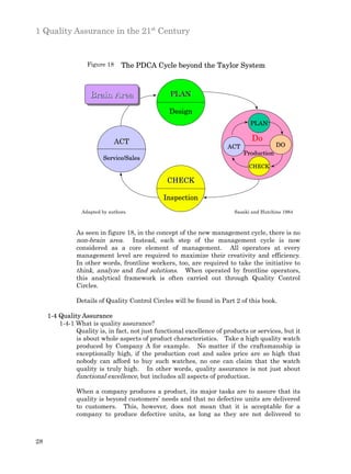 1 Quality Assurance in the 21st Century


                   Figure 18     The PDCA Cycle beyond the Taylor System



                    Brain Area
                    Brain Area                    PLAN

                                                 Design
                                                                               PLAN


                               ACT                                              Do
                                                                       ACT                DO
                                                                             Production
                          Service/Sales
                                                                               CHECK

                                                 CHECK

                                               Inspection
                 Adapted by authors.                                     Sasaki and Hutchins 1984



               As seen in figure 18, in the concept of the new management cycle, there is no
               non-brain area. Instead, each step of the management cycle is now
               considered as a core element of management. All operators at every
               management level are required to maximize their creativity and efficiency.
               In other words, frontline workers, too, are required to take the initiative to
               think, analyze and find solutions. When operated by frontline operators,
               this analytical framework is often carried out through Quality Control
               Circles.

               Details of Quality Control Circles will be found in Part 2 of this book.

     1-4 Quality Assurance
         1-4-1 What is quality assurance?
               Quality is, in fact, not just functional excellence of products or services, but it
               is about whole aspects of product characteristics. Take a high quality watch
               produced by Company A for example. No matter if the craftsmanship is
               exceptionally high, if the production cost and sales price are so high that
               nobody can afford to buy such watches, no one can claim that the watch
               quality is truly high. In other words, quality assurance is not just about
               functional excellence, but includes all aspects of production.

               When a company produces a product, its major tasks are to assure that its
               quality is beyond customers’ needs and that no defective units are delivered
               to customers. This, however, does not mean that it is acceptable for a
               company to produce defective units, as long as they are not delivered to



28
 