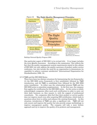 2 Total Quality Management


         Figure 32            The Eight Quality Management Principles
          1. Customer-Focused              2. Leadership                    3. Involvement of People
             Organization                   Leaders establish unity of      People at all levels are the
                                            purpose and direction of the    essence of an organization,
        Organizations depend on
                                            organization. They should       and their full involvement
        their customers and
                                            create and maintain the         enables their abilities to be
        therefore should understand
                                            internal environment in         used for the organization’s
        current and future customer
                                            which people can become         benefit.
        needs, meet customer
                                            fully involved in achieving
        requirements, and strive to
                                            the organization’s
        exceed customer
                                            objectives.                            4. Process Approach
        expectations.

        8. Mutually Beneficial
           Supplier Relationships
                                              The Eight                          A desired result is achieved
                                                                                 more efficiently when related
                                                                                 resources and activities are
        An organization and its                Quality                           managed as a process.
        supplier are interdependent,
        and a mutually beneficial
        relationship enhances the
                                             Management
        ability of both to create value.
                                              Principles                        5. System Approach
                                                                                   to Management
             7. Factual Approach to
                Decision Making                                                Identifying, understanding,
                                            6. Continual Improvement           and managing a system of
          Effective decisions are based                                        interrelated processes for a
          on the analysis of data and      Continual improvement
                                                                               given objective to improve
          information.                     should be a permanent
                                                                               the organization’s
                                           objective of the organization.
                                                                               effectiveness and efficiency.
      Baldrige National Quality Program 2002

      One particular aspect of ISO 9001 is its revised title. It no longer includes
      the term Quality Assurance. According to the commission, “this reflects the
      fact that the quality management system requirements stated in this edition
      of ISO 9001 not only address the quality assurance of product and/or service
      conformity, but also include the need for an organization to demonstrate its
      capability to achieve customer satisfaction” (International Organization for
      Standardization 1999, 15).

2-7-2 TQM and the ISO 9000 Series
      There have been two distinct situations for harmonizing the two frameworks:
      (1) the ISO 9000 series framework is first established, followed by TQM
      introduction, and (2) TQM is established first, followed by the ISO 9000
      series installation. In either case the relationship between TQM and the
      ISO 9000 series is somewhat complementary. In the first case, the company
      first applies for certification for the ISO 9000 series. As this series is widely
      acknowledged, companies often need such certification in order to carry out
      their daily business; so, they acquire it, with the support of professional
      consultants. Yet, companies often feel that their product or service quality
      does not improve much even after acquiring ISO certification, which leads to
      questions about how to utilize and enhance the existing framework. In this
      situation, introduction of TQM can play a significant role. TQM will not
      only ensure and improve the quality but also provide unique methodology to
      improve management quality. The company will take a more holistic
      approach and try to improve the quality of its products and management.




                                                                                                                 53
 