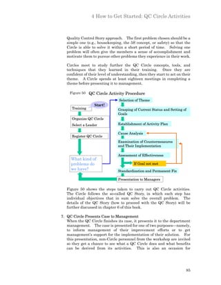 4 How to Get Started: QC Circle Activities



   Quality Control Story approach. The first problem chosen should be a
   simple one (e.g., housekeeping, the 5S concept, or safety) so that the
   Circle is able to solve it within a short period of time. Solving one
   problem will often give the members a sense of accomplishment and
   motivate them to pursue other problems they experience in their work.

   Circles meet to study further the QC Circle concepts, tools, and
   techniques that they learned in their training. Once they are
   confident of their level of understanding, then they start to act on their
   theme. A Circle spends at least eighteen meetings in completing a
   theme before presenting it to management.

    Figure 50    QC Circle Activity Procedure
                                  Selection of Theme
                   Start!
      Training                   Grasping of Current Status and Setting of
                                 Goals
      Organize QC Circle
      Select a Leader            Establishment of Activity Plan

                                 Cause Analysis
      Register QC Circle
                                 Examination of Countermeasures
                                 and Their Implementation

                                 Assessment of Effectiveness
     What kind of
     problems do                           If Goal not met
     we have?                    Standardization and Permanent Fix

                                 Presentation to Managers

   Figure 50 shows the steps taken to carry out QC Circle activities.
   The Circle follows the so-called QC Story, in which each step has
   individual objectives that in sum solve the overall problem. The
   details of the QC Story (how to proceed with the QC Story) will be
   further discussed in chapter 6 of this book.

7. QC Circle Presents Case to Management
   When the QC Circle finishes its case, it presents it to the department
   management. The case is presented for one of two purposes—namely,
   to inform management of their improvement efforts or to get
   management’s support for the implementation of their solution. For
   this presentation, non-Circle personnel from the workshop are invited
   so they get a chance to see what a QC Circle does and what benefits
   can be derived from its activities. This is also an occasion for




                                                                          85
 